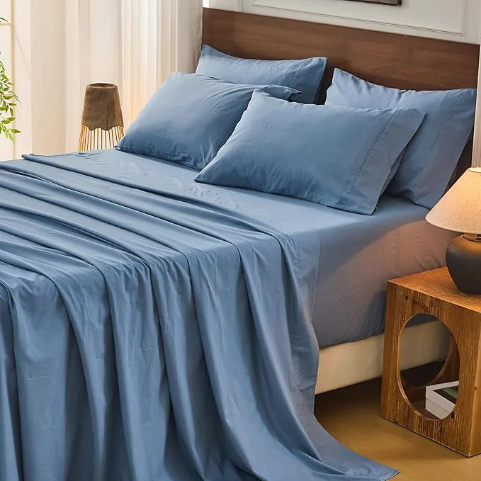 Elegant Bedlifes French Flax Linen Sheets Set King Size – 6 Piece Extra Deep Pocket 18-24 quot Soft Breathable King Bed Sheets with Temperature Regulating amp Moisture-Wicking Flint Blue Genuine