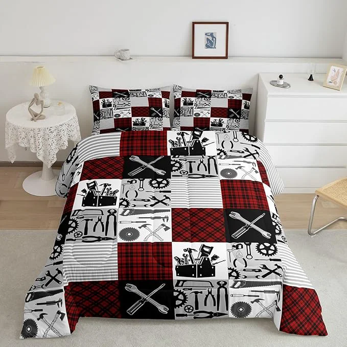 Eco-Friendly Kids Boys Car Bedding Set Full Size Farmhouse Gingham Check Comforter Wrench Repair Outfit Comforter Set Red Black Duvet Set 3Pcs Quilt Set 1 Comforter Set with 2 Pillowcase Lightweight