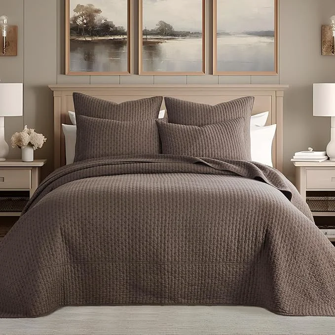 Smart Levtex Home Cross Stitch Reversible King Bedspread Set 120x104in with 2 Pillow Shams 36x20in – Stitch Texture – Cocoa – Cotton King Size Bedspread Set – Soft Pre-Washed Effective