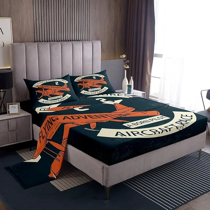 Sustainable Retro Aircraft Sheets Set King Vintage Airplane Orange Painting Decor Bedding Set for Youth Women Bedroom Flying Adventure Helicopter Bed Set with Deep Pocket Fitted Sheet with 2 Pillow Case Premium
