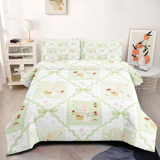 Comfortable 7Pcs Green Red Cherry Bedding Set Cute Rabbit Comforter Set Queen Size Girls Room Decor with Comforter 90 quot x 90 quot and 2 Pillowcases 1 Fitted Sheet 1 Flat Sheet 2 Pillow Shams Functional