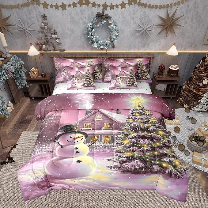 Crafted Castle Fairy Cute Xmas Snowman 7 Pieces Bedding Set Full Bed in a Bag Rustic Farmhouse Cabin Outdoor Christmas Tree Comforter Set Happy New Year Soft Warm Microfiber Bedding World-Class
