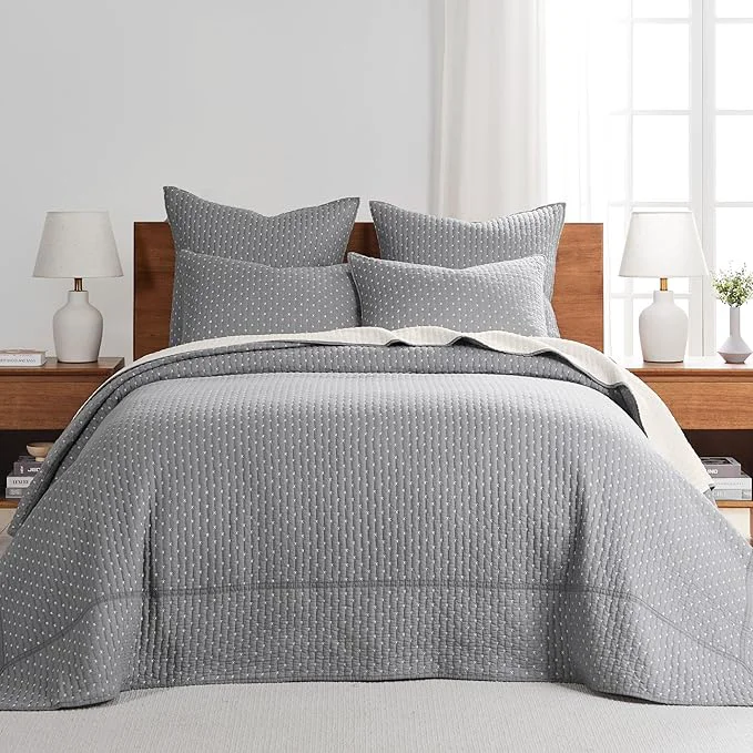 Top-Quality Levtex Home Cross Stitch Reversible King Bedspread Set 120x104in with 2 Pillow Shams 36x20in – Stitch Texture – Grey and White – Cotton King Size Bedspread Set – Soft Pre-Washed Versatile