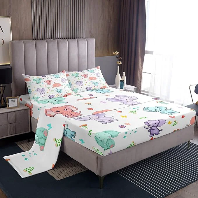 Professional Cartoon Elephant Bed Sheet Set for Kids Watercolor Flowers Leaves Butterfly Sheets Set Cute Wild Animal Elephants Home Decor Sheet Sets with Deep Pocket Top Sheet 1 Pillow Case Twin Authentic