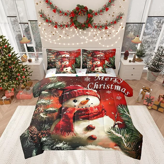 Classic Winter Snowman Comforter Set 7 Pieces Merry Christmas Trees Flowers Bed Set Happy New Year Bedding Bed in a Bag Soft King 1 Comforter 2 Pillowcase 2 Pillow Covers 1 Flat Sheet 1 Fitted Sheet High-End