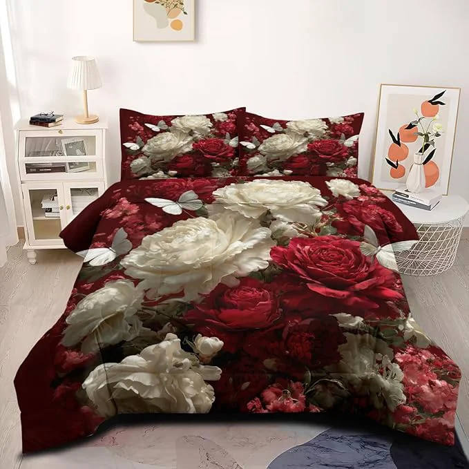Elegant 7Pcs Twin Size Bed in A Bag for Girls Women Red Victorian Botanical Floral Rose Comforter Sets 1 Comforter 68 quot x 90 quot 2 Pillowcases 1 Fitted Sheet 1 Flat Sheet 2 Pillow Shams Refined