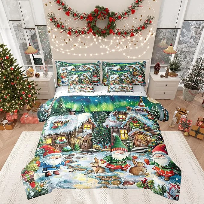 Fine Crafted Cartoon Christmas Cabin Comforter Set 7 Pieces Winter Santa Gnome Bed Set Rustic Botanical Flowers Bedding Bed in a Bag Soft King 1 Comforter 2 Pillowcase 2 Pillow Covers 1 Flat Sheet 1 Fitted Sheet Detailed