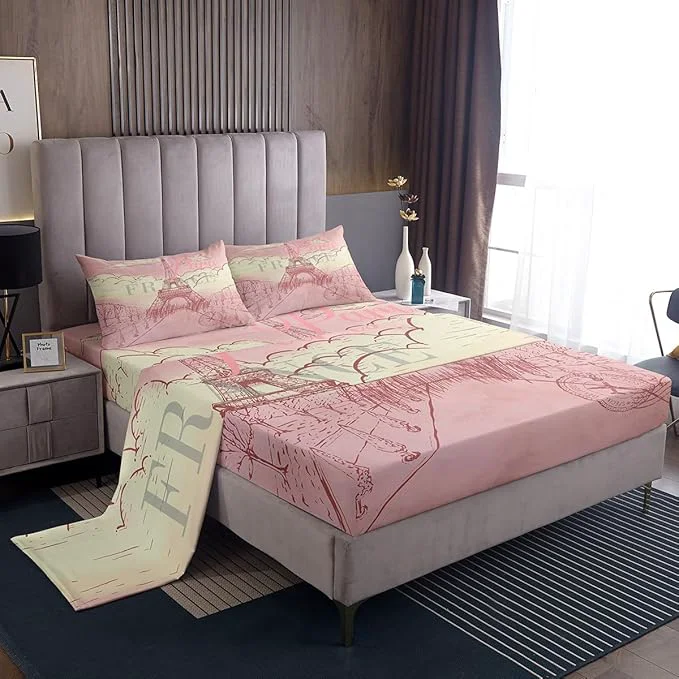 Secure Eiffel Tower Bed Sheets Set Retro Paris Style Fitted Sheet Vintage Cityscape Bedding Set for Bedroom Decor Girls Women Landmark Sheet King Flat Sheet amp Fitted Sheet with 2 Pillow Case Fashionable