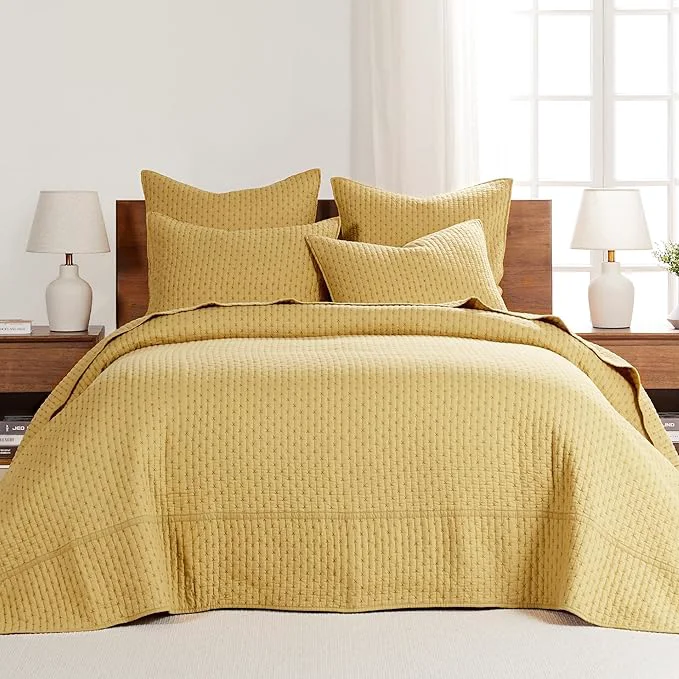 Green Levtex Home Cross Stitch Reversible Twin Bedspread Set 84x104in with 1 Pillow Sham 26x20in – Stitch Texture – Ochre – Cotton Twin Size Bedspread Set – Lightweight Soft Pre-Washed Powerful