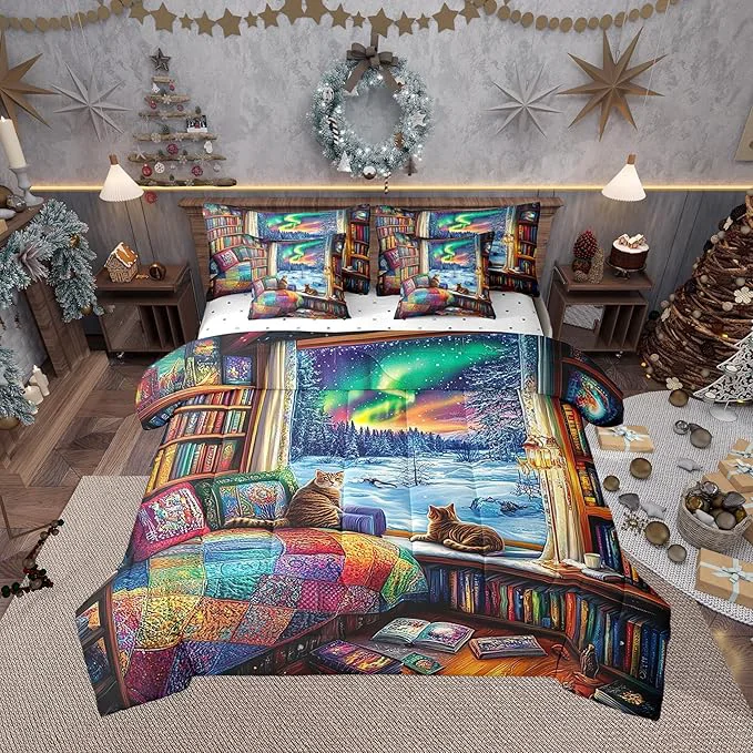 Prestigious Castle Fairy Farmhouse Style Full Comforter Set with Sheets Bed in a Bag 7 Pcs Kawaii Cat Winter Bed Set Rainbow Galaxy Sky Bedding Sets with Comforter Flat Fitted Sheet Pillowcases Pillow Covers Practical