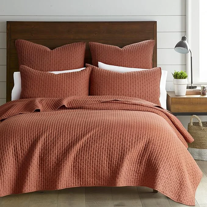 Enhanced Levtex Home Cross Stitch Reversible Full Queen Quilt Set 88x92in with 2 Pillow Shams 26x20in – Stitch Texture – Adobe – Cotton Full Queen Size Quilt Bedding Set – Lightweight Soft Pre-Washed Organic