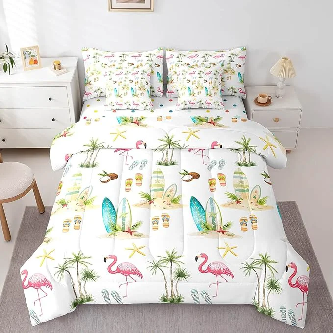 Premium Material Summer Seaside Beach Reversible 7 Pieces Comforter Set Tropical Coconut Tree Bed Sheet Set for Kids Teens Boys Hawaiian Flamingo Surfboard Bedding Set with Comforter Fitted amp Flat Sheet Queen Modern