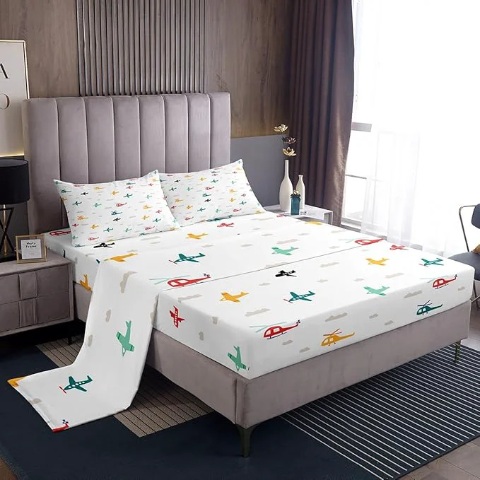 Traditional Kids Aircraft Bed Sheets Set Watercolor Transportation Vehicles Fitted Sheet Boys Airplanes Bedding Bedroom Decor Colorful Helicopter Sheets Full Flat Sheet amp Fitted Sheet with 2 Pillow Case Refined