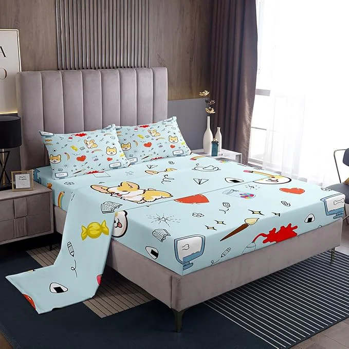 Unique Cartoon Dog Fitted Sheet Set with 2 Pillowcase Hippie Graffiti Painting Bed Sheet for Boys Girls Bedroom Kawaii Puppy Pet Theme Top Flat Sheet Luxury Microfiber Queen Size Detailed