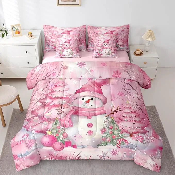 Elegant Kawaii Snowman 7 Pieces Comforter Sets Queen Dreamy Pink Christmas Trees Bedding Set for Kids Girls Bedroom Decor Cute Winter Snowflake Bed in a Bag with Comforter Sheets and Pillow Cases Eco-Friendly