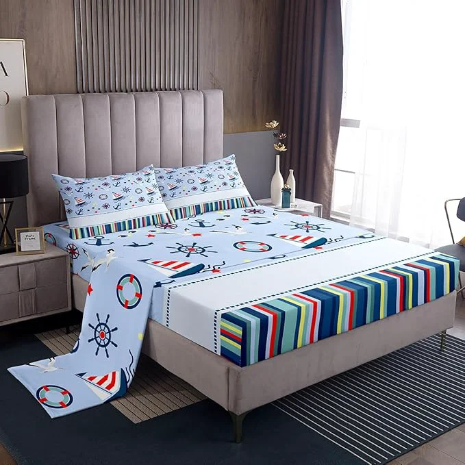 Premium Material Nautical Anchor Bed Sheets Set Ocean Fish Seagull Blue Fitted Sheet Outdoor Adventure Bedding Set for Bedroom Decor Red Blue Stripes Sheet King Flat Sheet amp Fitted Sheet with 2 Pillow Case Detailed