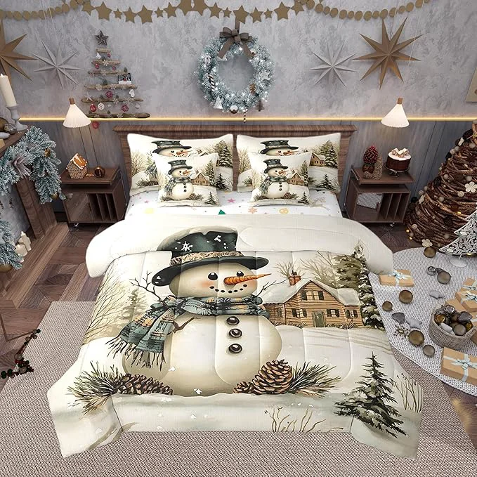 Detailed Winter Farmhouse Style Comforter Set Bed in a Bag 7 Pieces Full Cartoon 3D Snowman Rustic Pinecone Bedding Set Merry Christmas Comforter Fitted Flat Sheet 2 Pillowcases 2 Throw Pillow Covers World-Class