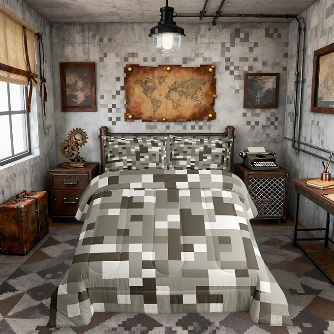 Unique Miners Pixel CheckedComforter Set King Size Cartoon Gamepad Video Games Kids Bedding Set Geometric Grid Patchwork Quilt Comforter Gray White Duvet Insert 2 Pillowcases Superior