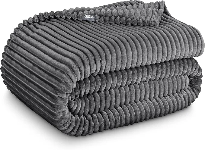 Casual Bare Home Textured Fleece Blanket – Throw Travel – Ultra-Soft Lightweight for Bed Sofa and Couch – Luxury Microplush – Cozy Warm Blanket Throw Ribbed Grey Breathable