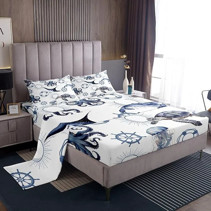 Versatile Castle Fairy Sea Turtle Bed Sheet Set Twin Size Octopus Jellyfish Ocean Life Sheet Set Kids Teens Nautical Style Sea Animals Bedding Decor Set with 1 Flat amp 1 Fitted Sheet with 1 Pillow Sham Practical