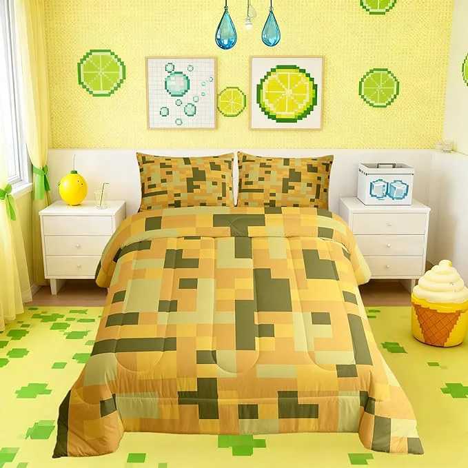 Exceptional Pixelated Blocks MinersComforter Set King Size Video Games Cartoon Gamepad Kids Bedding Set Army Camouflage Game Quilt Comforter Yellow Green Duvet Insert 2 Pillowcases Stylish