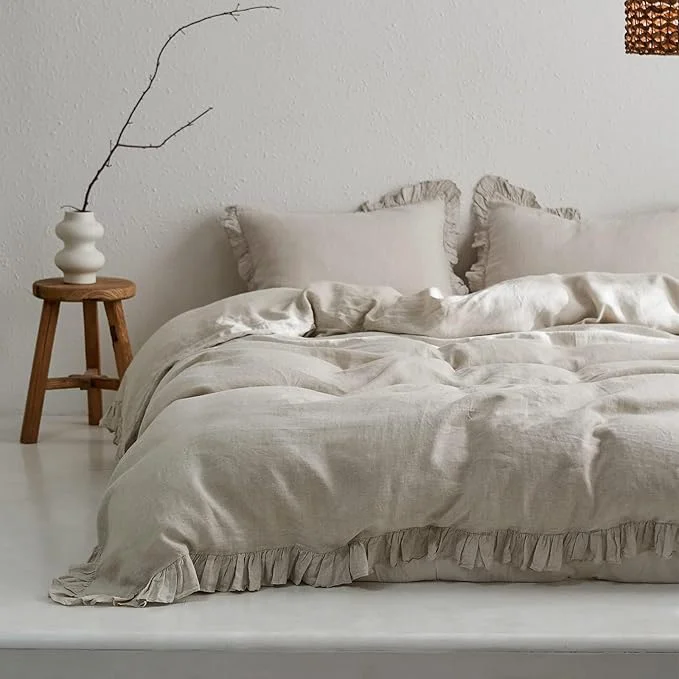 Selected Simple amp Opulence Linen Duvet Cover Set 3 PCS Natural French Flax Ruffle Duvet Cover King Size Breathable Comfy Linen Bedding Comforter Cover with 2 Pillowcases Natural Linen 104 quot X 92 quot Quality