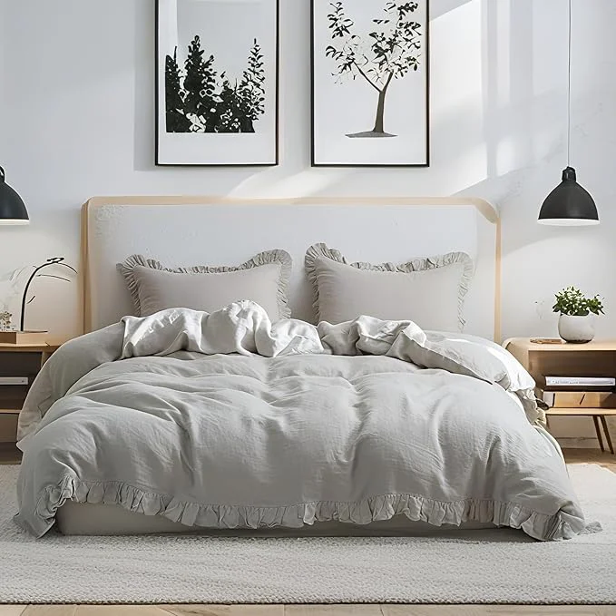 Classic Simple amp Opulence Linen Duvet Cover Set 3 PCS Natural French Flax Light Grey Ruffle Duvet Cover Full Size Breathable Comfy Linen Bedding Comforter Cover with 2 Pillowcases Light Grey 78 quot X 86 quot Easy-to-Use