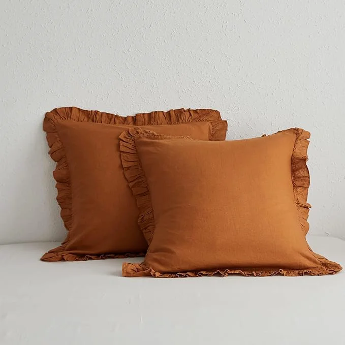 Prestigious Simple amp Opulence Linen Euro Sham Covers with Ruffle 26×26 Inch Pillow Covers Set of 2 Euro Pillow Shams for Bed Couch French Home Decor Luxury and Breathable Square Pillow Cases Rust Excellent
