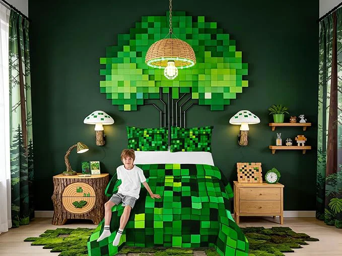 Practical Manfei Pixelated Blocks Miners Girls Bedding Set Twin Size Video Games Game Gamepad Comforter Set，Geometric Grid Patchwork Quilt Comforter Girls Boys Teens Green Room Decor All Season 1 Pillowcase Elite