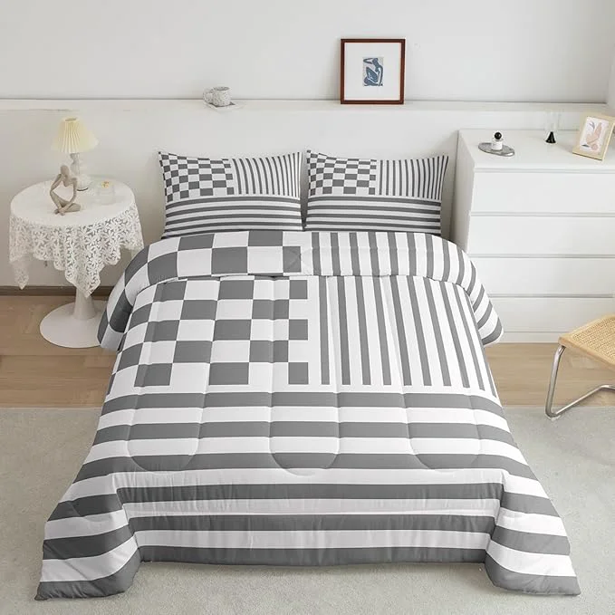 Advanced Grey Stripes Bedding Set Twin Size Buffalo Check Plaid Comforter Fashion Plaid Geometric Comforter Set Modern Simple Style Duvet Set 2Pcs Quilt Set 1 Comforter Set with 1 Pillowcase Sophisticated