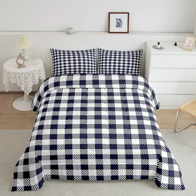 Clean Manfei Navy Blue Plaid Bedding Set Queen Size Buffalo Check Plaid Comforter Classic Gingham Pattern Comforter Set Navy White Grid Duvet Set 3Pcs Quilt Set 1 Comforter Set with 2 Pillowcase Elegant