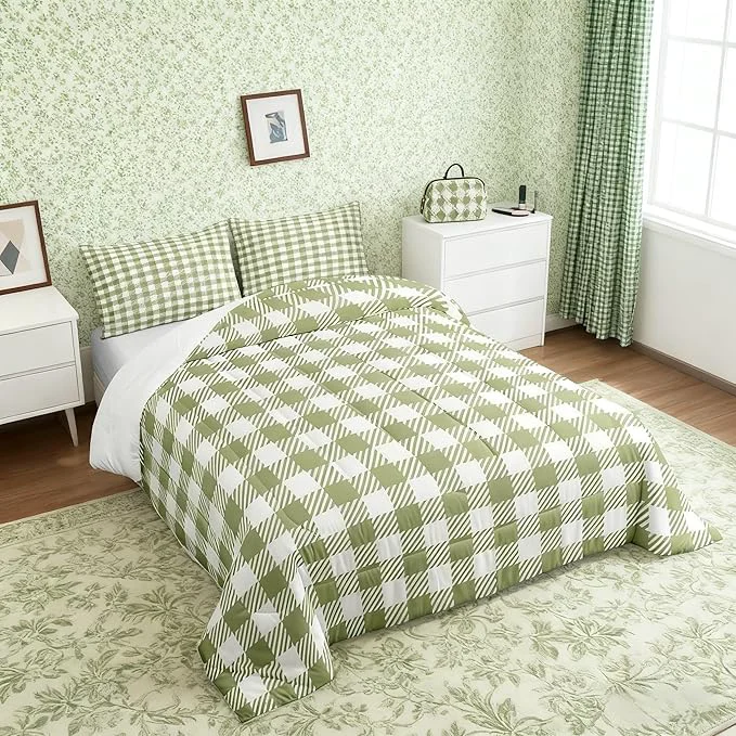 Original Design Manfei Green Plaid Comforter Set Buffalo Check Plaid Bedding Set Classic Gingham Pattern Bedding Home Decor Light Green White Scottish Comforter Queen Size Quilted Duvet Set with 2 Pillowcase Easy-to-Use