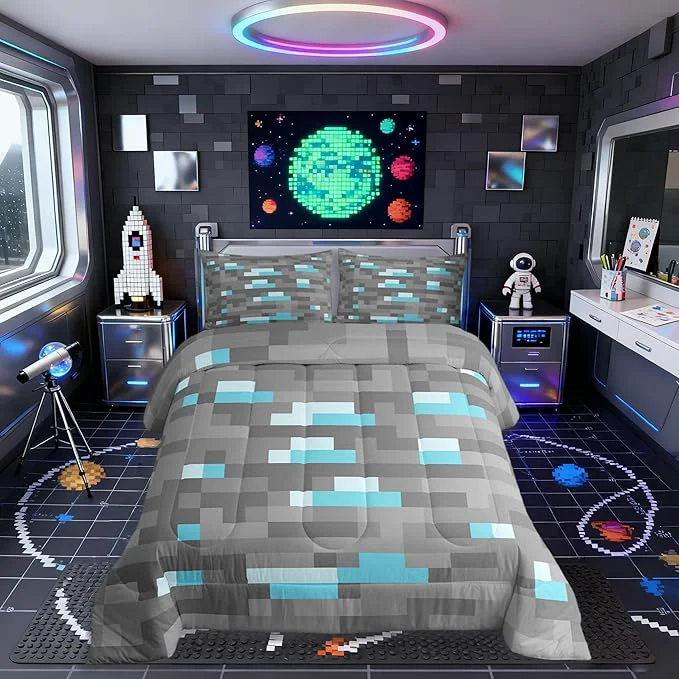 Practical Pixelated Blocks Miners Kids Bedding Set Queen Size Video Games Game Gamepad Comforter Set Geometric Grid Patchwork Quilt Comforter Gray Blue Bedroom Duvet Insert 2 Pillowcases Premium Material