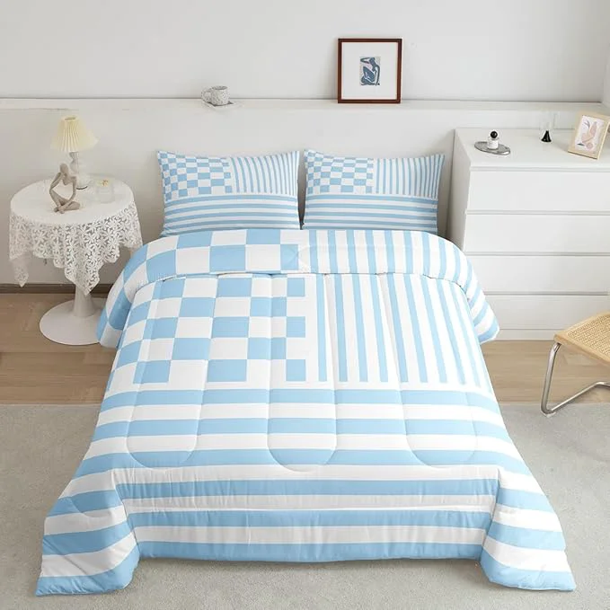 Superior Blue Plaid Bedding Set Full Size Fashion Buffalo Check Comforter Blue Stripes Geometric Comforter Set Modern Simple Style Duvet Set 3Pcs Quilt Set 1 Comforter Set with 2 Pillowcase