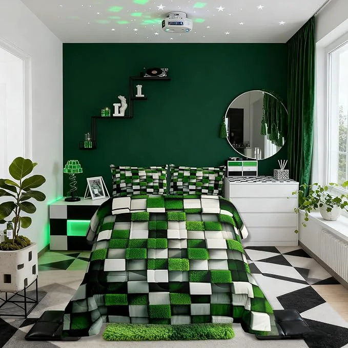 Functional Manfei Pixelated Miners Game Bedding Set Twin Size Video Games Cartoon Gamepad Comforter Set，Modern Geometric Check Quilt Comforter Boys Teens Green White Room Decor All Season 1 Pillowcase Comfortable