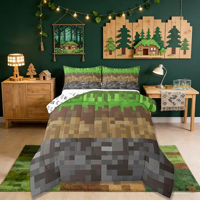 Optimized Miners Pixel Checked Kids Comforter Set Twin Size Video Games Check Lattice Bedding Set Boys Room Decor Game Cartoon Gamepad Quilt Comforter Gray Green Brown Duvet Set Bedroom Quilt Set 1 Pillowcase Convenient
