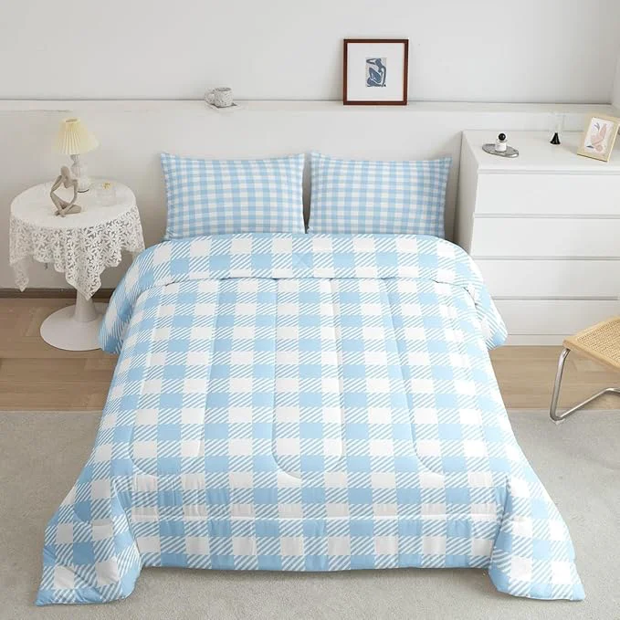 Contemporary Manfei Blue Plaid Bedding Set King Size Buffalo Check Plaid Comforter Classic Gingham Pattern Comforter Set Blue White Scottish Duvet Set 3Pcs Quilt Set 1 Comforter Set with 2 Pillowcase Optimized