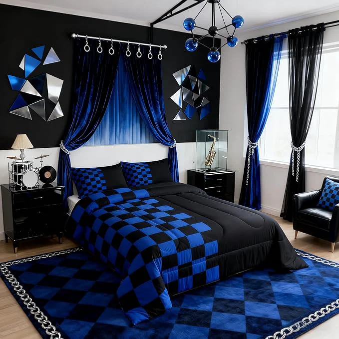 Proven Geometric Check Comforter Set Full Size Video Games Plaid Lattice Kids Bedding Set Modern Grid Simple Quilt Comforter Black Blue Duvet Insert 2 Pillowcases Long-Lasting