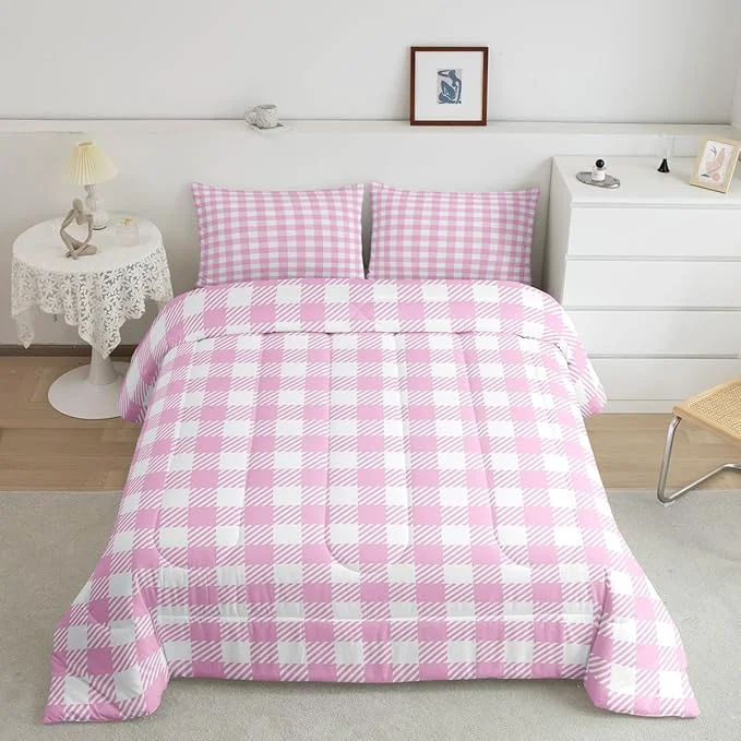 Sustainable Manfei Pink Plaid Comforter Set Buffalo Check Plaid Bedding Set Classic Gingham Pattern Bedding Home Decor Pink White Scottish Comforter Full Size Quilted Duvet Set 1 Comforter with 2 Pillowcase Flexible