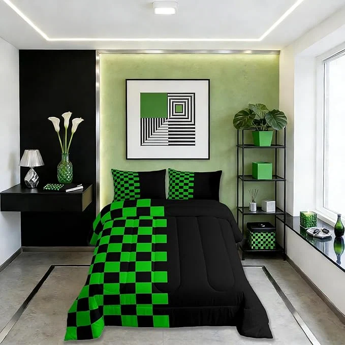 Fashionable Geometric PlaidComforter Set King Size Patchwork Grid Video Games Kids Bedding Set Simple Lattice Abstract Quilt Comforter Black amp Green Duvet Insert 2 Pillowcases Smart