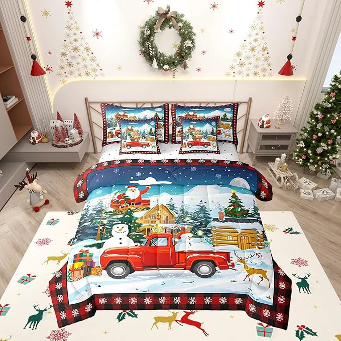 Premium Material Cartoon Christmas Truck Comforter Set Bed in a Bag 7 Pieces Queen Watercolor Snowman Santa Claus Bedding Set Cabin Comforter Fitted Flat Sheet 2 Pillowcases 2 Throw Pillow Covers Relaxed