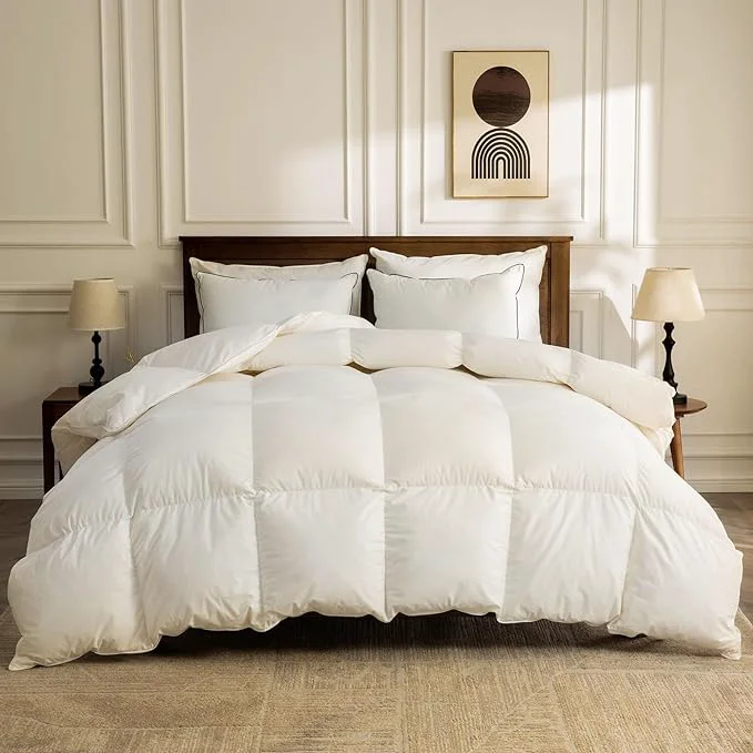 BPC Lightweight Organic Feather Down Comforter Twin Size Hotel-Luxury Fluffy Duvet Insert with Cotton Cover and Puffy Feather Down Filling for Summer Hot Sleepers Ivory White 68×90 Inches Outstanding