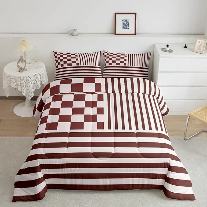 Original Design Brown Check Comforter Set Fashion Buffalo Plaid Bedding Set Modern Simple Style Bedding Home Decor Brown Stripes Geometric Comforter King Size Quilted Duvet Set 1 Comforter with 2 Pillowcase Sustainable