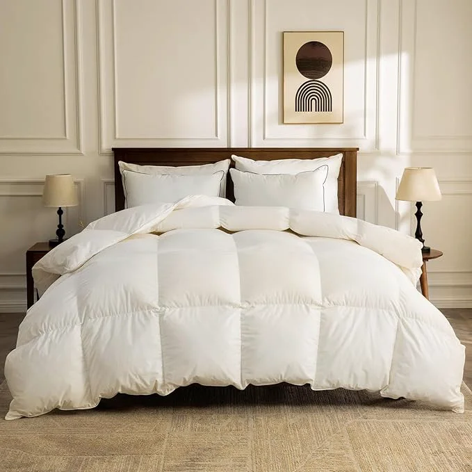 Effective BPC Organic Feather Down Comforter Oversized Queen Hotel-Luxury Fluffy Duvet Insert with Cotton Cover and Puffy Feather Down Filling for All-Season Ivory White 98×98 Inches Convenient
