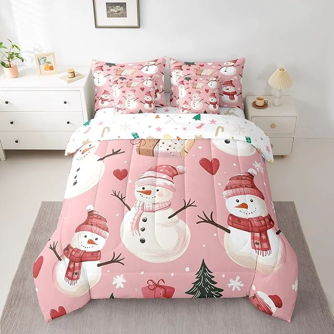 Organic Cute Snowman Full Comforter Set with Sheets Bed in a Bag 7 Pcs Christmas Trees Gifts Bed Set Red Hearts Winter Snow Bedding Sets with Comforter Flat Fitted Sheet Pillowcases Pillow Covers Sophisticated