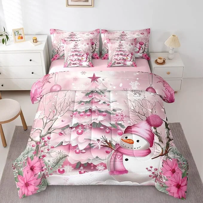 Unique Pink Christmas Tree Comforter Set 7 Pieces Cute Snowman Winter Bed Set Xmas Theme Flowers Leaves Bedding Queen with 1 Comforter 1 Fitted Sheet 1 Flat Sheet 2 Pillowcases 2 Throw Pillow Cover Selected