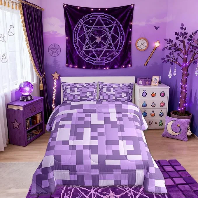 Powerful Pixel Grid Miners Comforter Set King Size Video Games Plaid Lattice Kids Bedding Set Geometric Check Quilt Comforter Light Purple Duvet Insert 2 Pillowcases Convenient