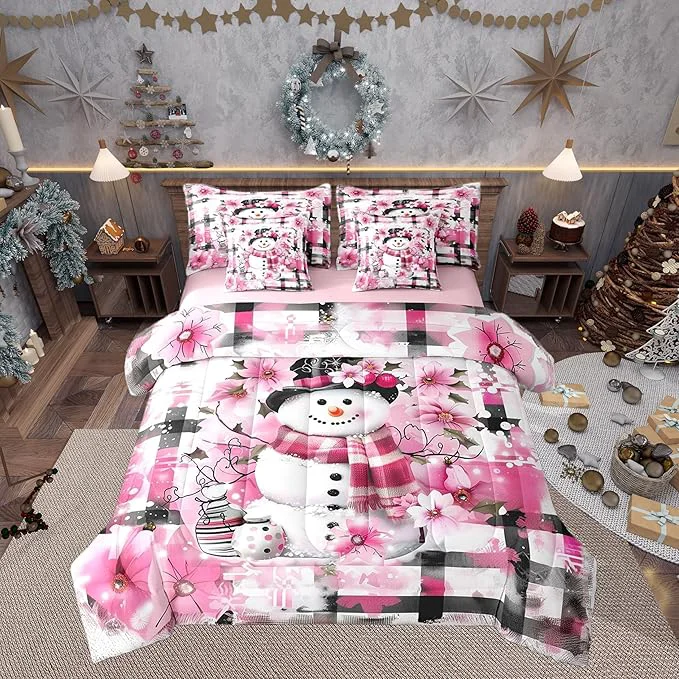 Quality Castle Fairy Kawaii Snowman 7 Pieces Bedding Set King Bed in a Bag Pink Cherry Blossom Winter Flowers Comforter Set Modern Abstract Soft Warm Microfiber Bedding Detailed