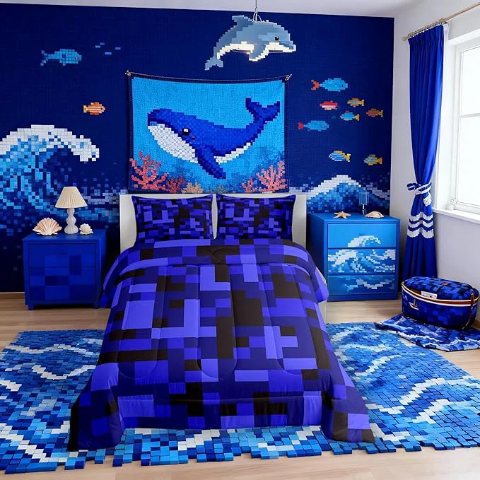 Versatile Pixelated Blocks Kid Comforter Set Queen Size Army Camouflage Miners Game Bedding Set Boy Room Decor Geometric Grid Patchwork Quilt Comforter Black Dark Blue Duvet Set Bedroom Quilt Set 2 Pillowcases Original Design