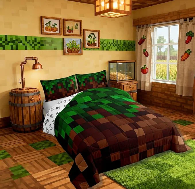 Effective Pixelated Comforter Set Full Size Patchwork Grid Video Games Kids Bedding Set Miners Lattice Simple Quilt Comforter Dark Green Brown Duvet Insert 2 Pillowcases Exclusive